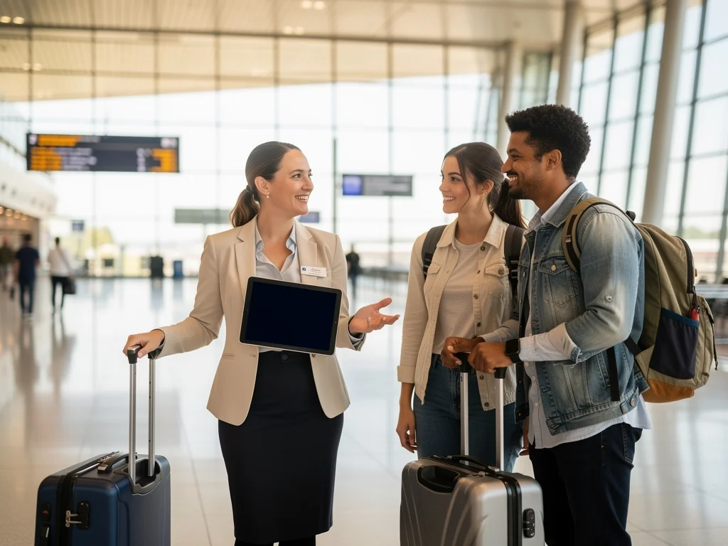 Friendly transfer service staff providing clear instructions to international guests at a transport hub.